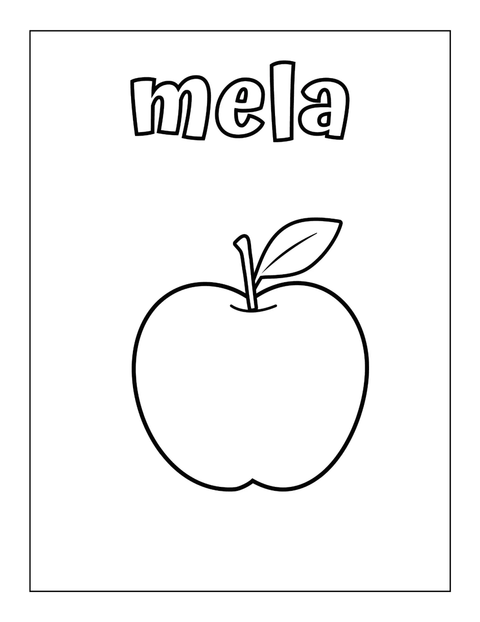 Italian word mela in outline letters above a large apple with stem and leaf; students color the word and the apple