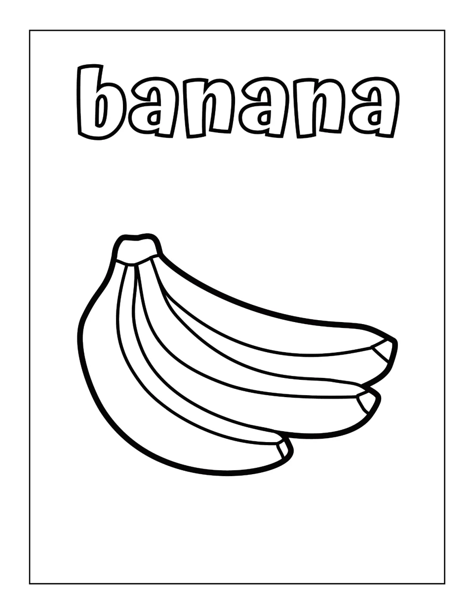 Italian word banana in outline letters above a bunch of three bananas; students color to learn the fruit's name