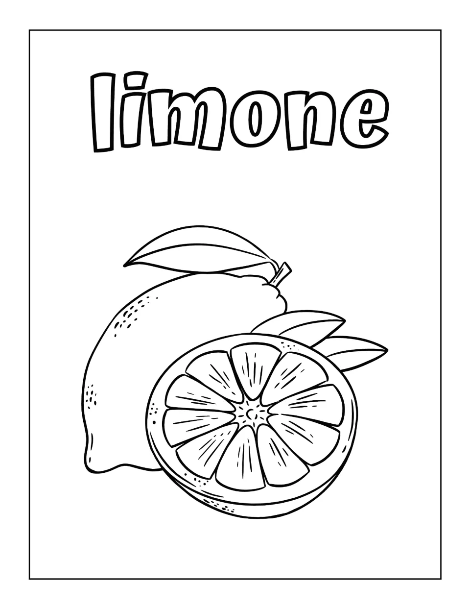 Italian word limone in outline letters above a lemon with leaves and a sliced lemon half for students to color