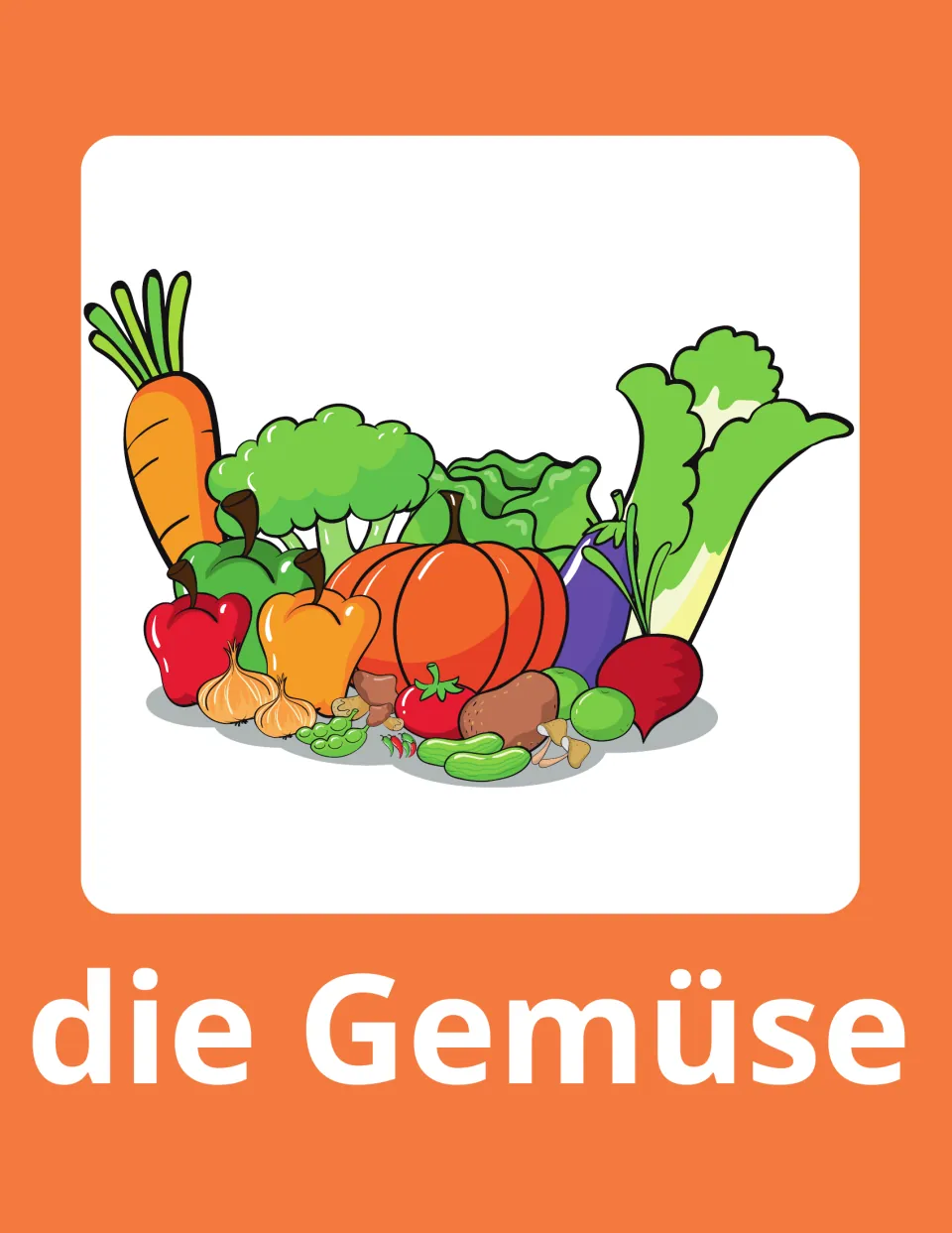 German vegetables title card: die Gemüse printed under a mixed pile of carrot, broccoli, pumpkin, peppers and onions