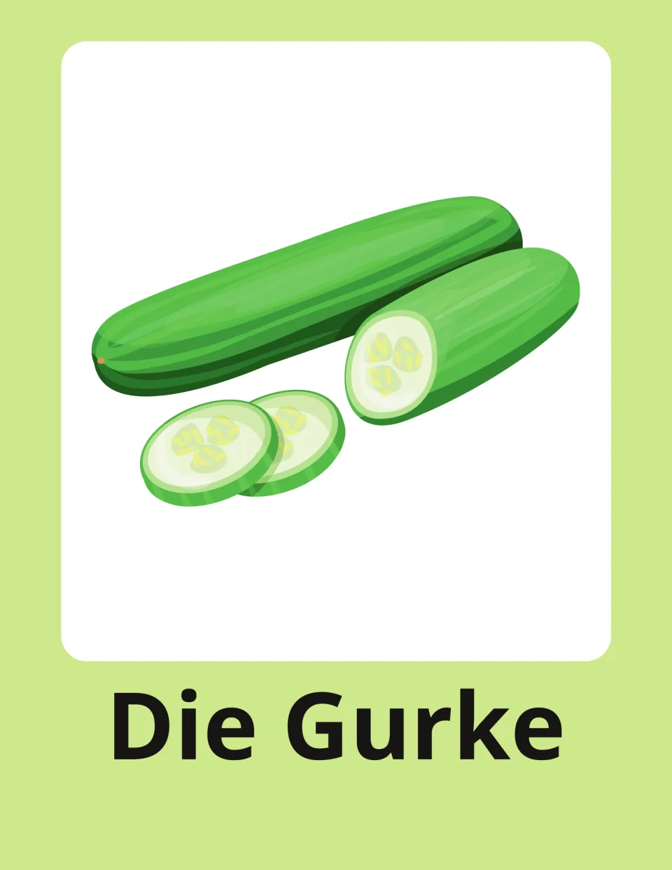 Cucumber flashcard in German: die Gurke labels a whole cucumber and round slices, pairing the noun with its article