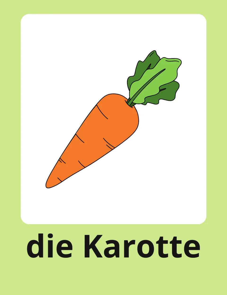 Carrot flashcard in German: die Karotte printed under an orange carrot with a leafy green top for naming practice
