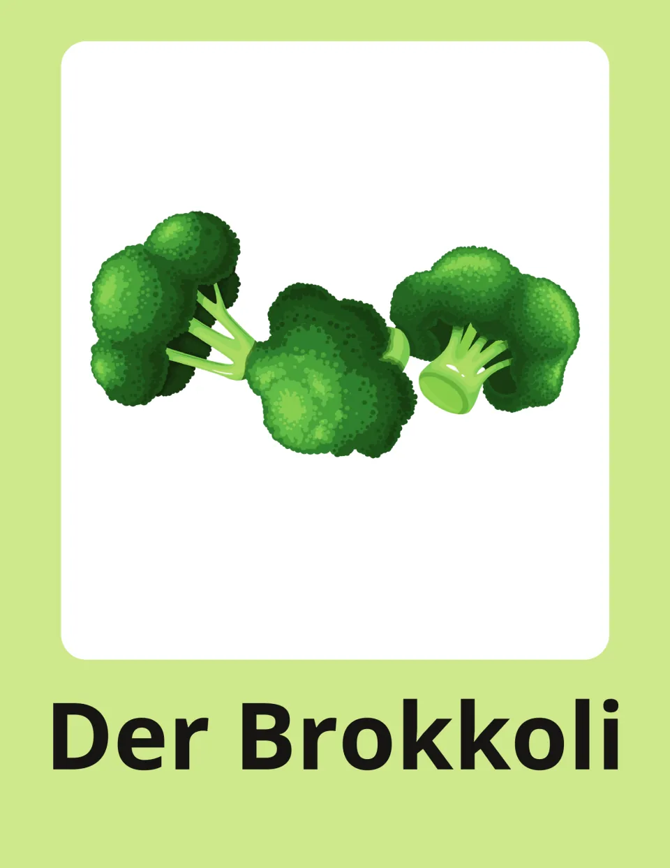 Broccoli flashcard in German: Der Brokkoli written under three green broccoli florets for picture-word naming
