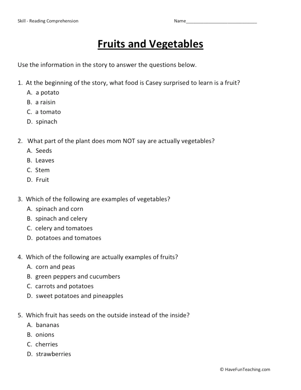 Five multiple-choice questions about Casey's story, covering tomatoes, plant parts, and strawberries.