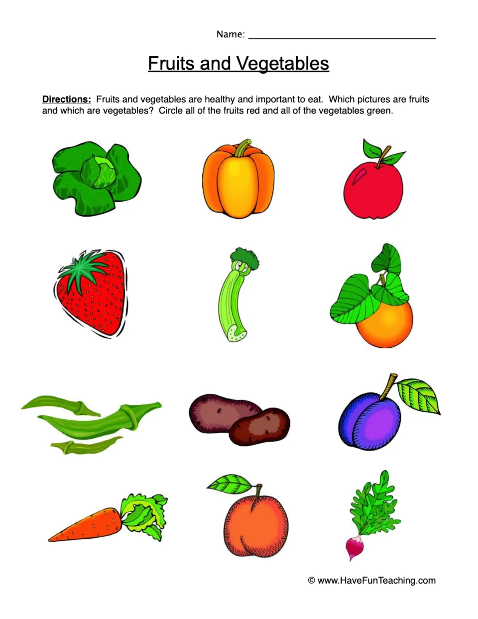Sorting worksheet: circle fruits red and vegetables green among 12 pictures, including an apple and carrot.