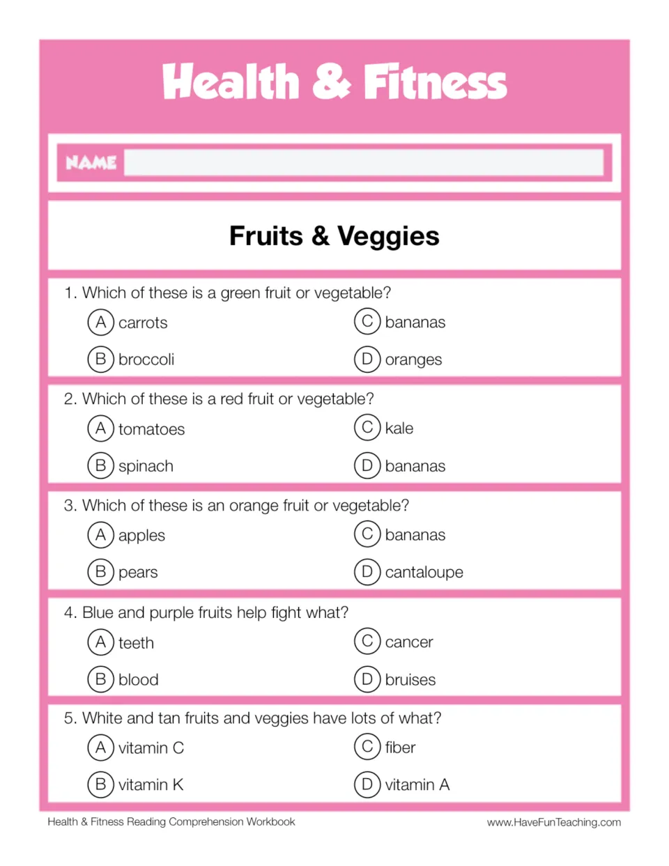 Five multiple-choice questions on green, red, and orange produce, blue and purple fruits, and fiber.