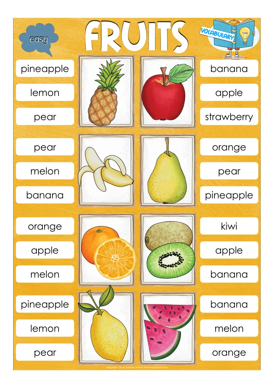 Easy fruit vocabulary cards: students clip the right name for 8 fruits such as pineapple, apple, banana, pear and kiwi