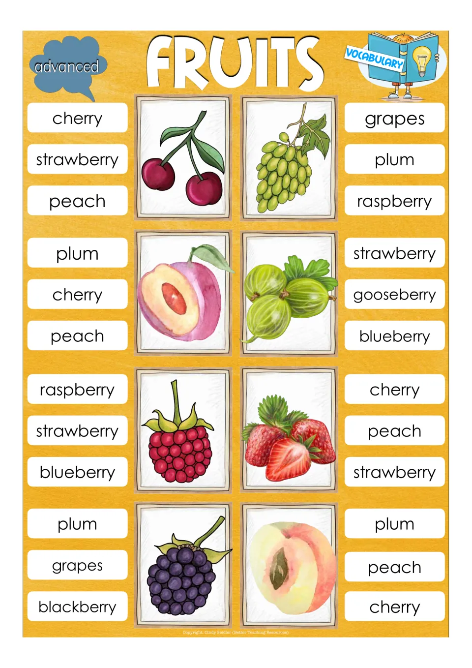 Advanced fruit vocabulary cards: students clip the name of cherry, grapes, plum, gooseberry, raspberry and other fruits
