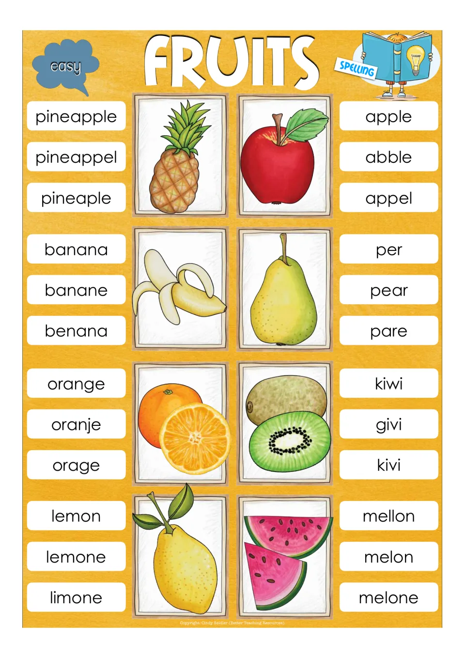 Easy spelling cards: students pick the correct spelling of each fruit from three options, like apple, abble, appel