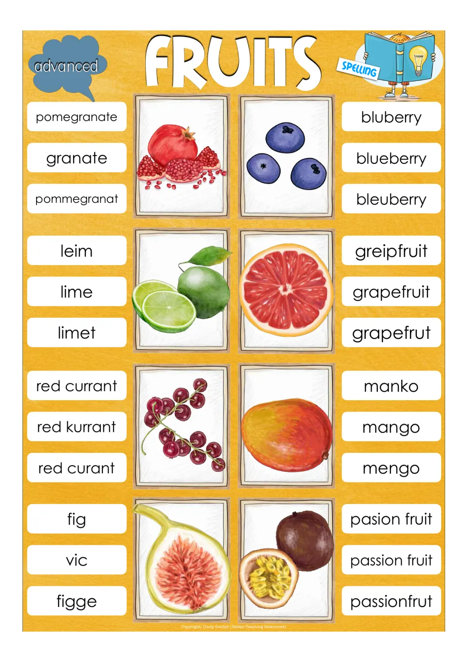 Advanced spelling cards for pomegranate, blueberry, lime, grapefruit, red currant, mango, fig and passion fruit