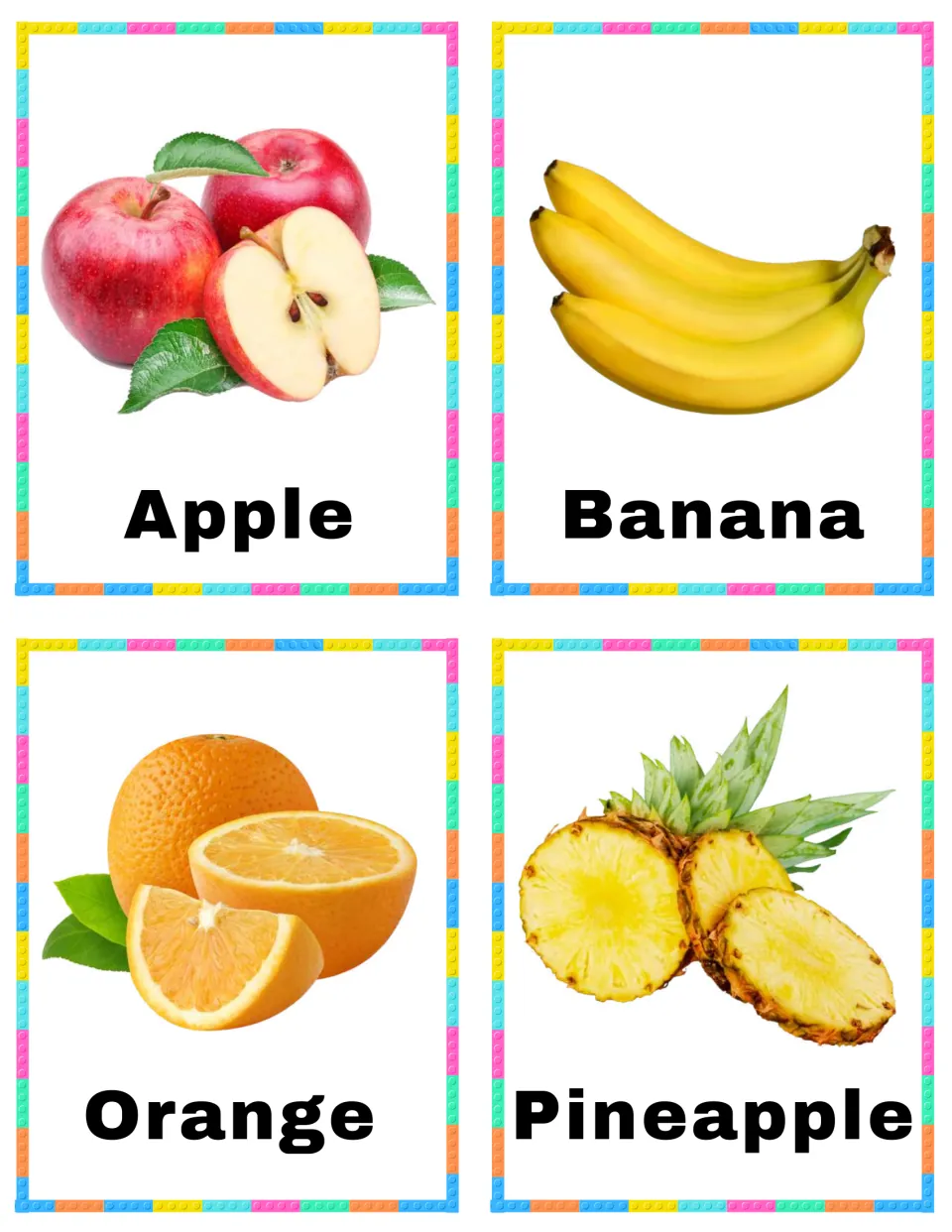 Fruit vocabulary cards 1–4: Apple, Banana, Orange, and Pineapple, each pairing a fruit picture with its name