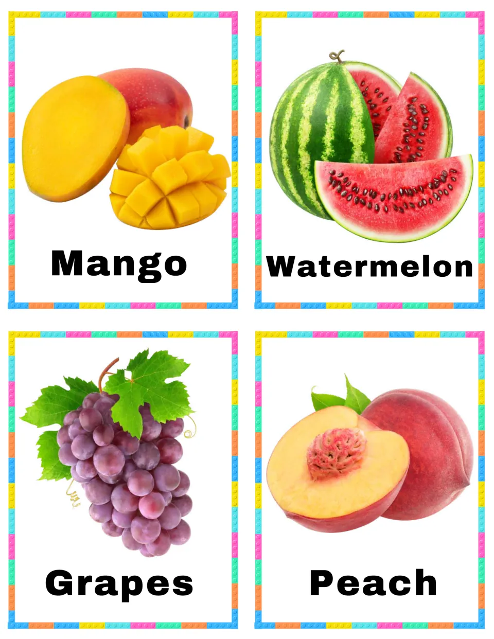 Fruit vocabulary cards 5–8: Mango, Watermelon, Grapes, and Peach, each showing the named fruit