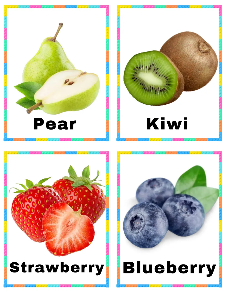 Fruit vocabulary cards 9–12: Pear, Kiwi, Strawberry, and Blueberry, each showing the named fruit