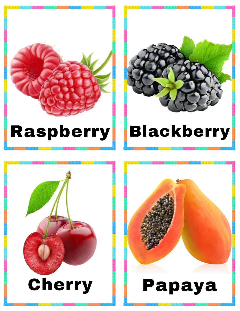 Fruit vocabulary cards 13–16: Raspberry, Blackberry, Cherry, and Papaya, each showing the named fruit