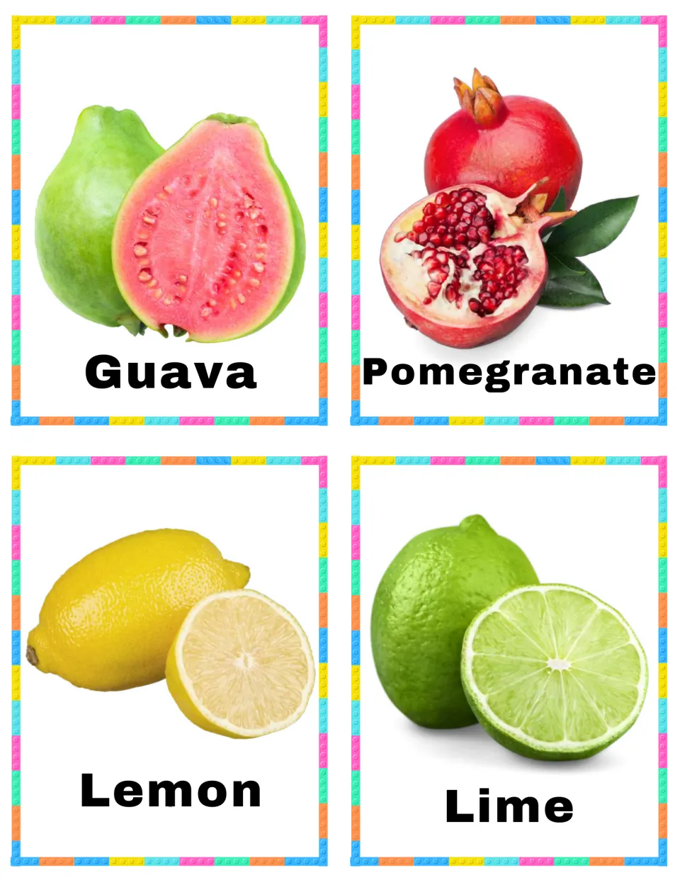 Fruit vocabulary cards 17–20: Guava, Pomegranate, Lemon, and Lime, each showing the named fruit