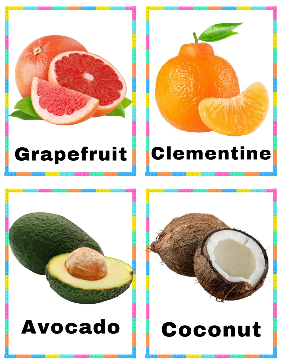 Fruit vocabulary cards 21–24: Grapefruit, Clementine, Avocado, and Coconut, each showing the named fruit