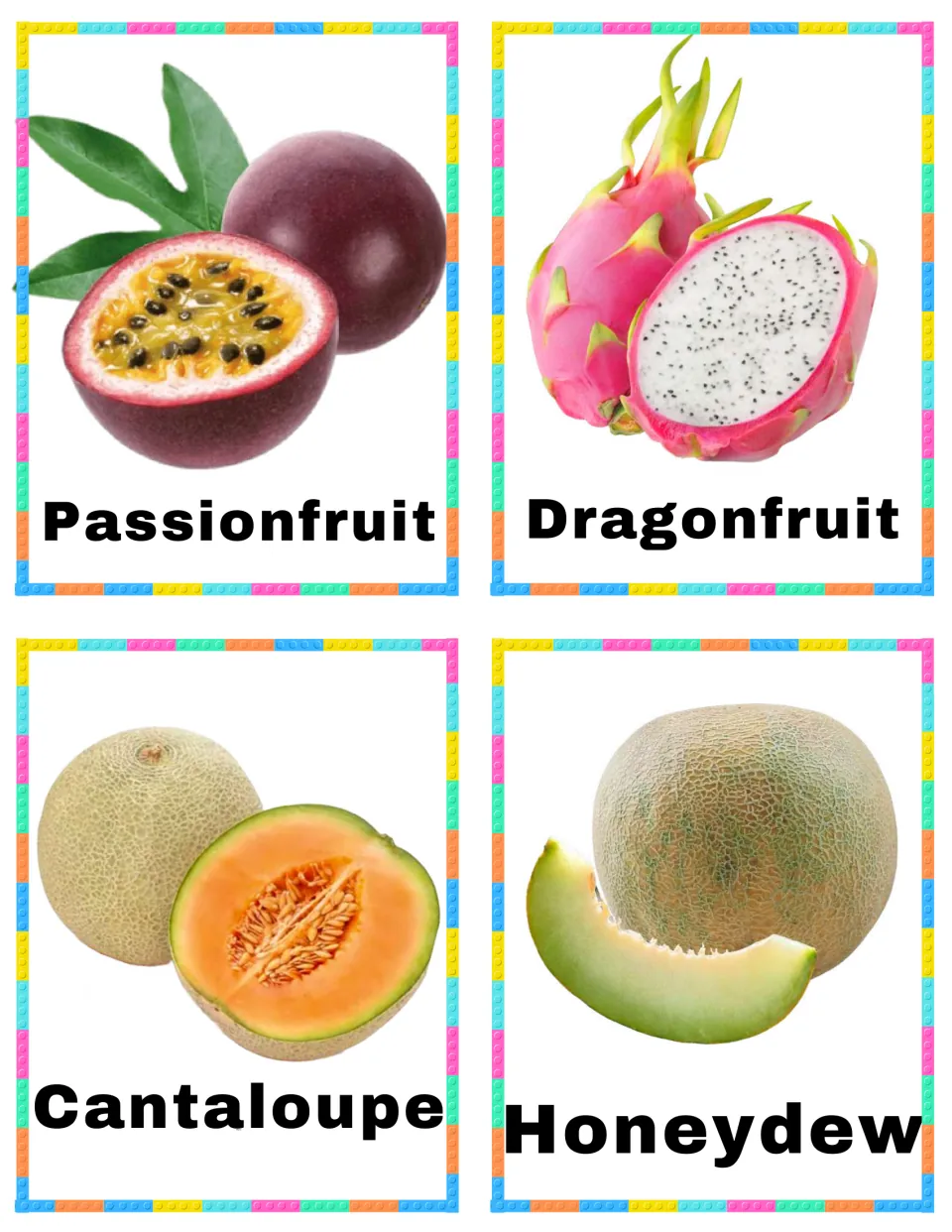 Fruit vocabulary cards 25–28: labeled pictures of Passionfruit, Dragonfruit, Cantaloupe, and Honeydew
