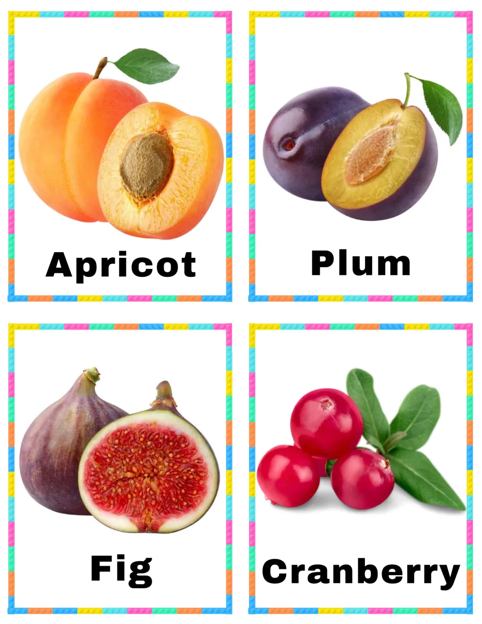 Fruit vocabulary cards 29–32: Apricot, Plum, Fig, and Cranberry, each pairing a fruit picture with its name
