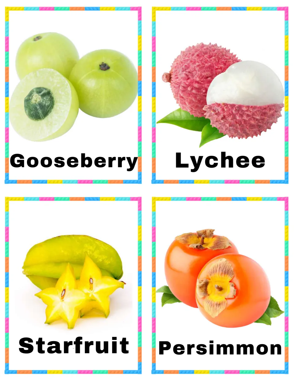 Fruit vocabulary cards 33–36: Gooseberry, Lychee, Starfruit, and Persimmon, each showing the named fruit