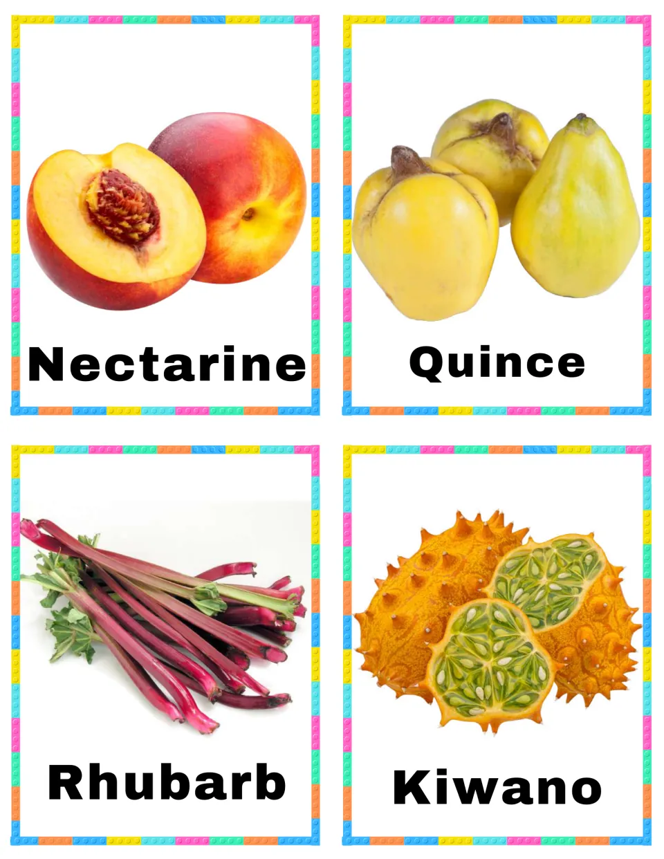 Fruit vocabulary set cards 37–40: labeled pictures of Nectarine, Quince, Rhubarb stalks, and Kiwano