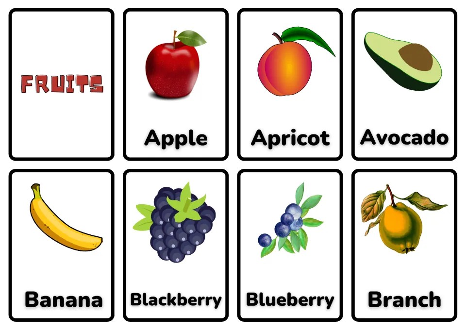 Fruit flashcards: Fruits title card, Apple, Apricot, Avocado, Banana, Blackberry, Blueberry and Branch