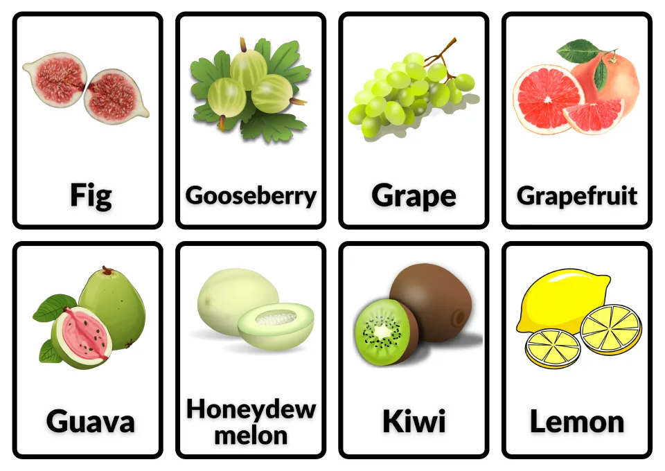 Fruit flashcards 17–24: Fig, Gooseberry, Grape, Grapefruit, Guava, Honeydew melon, Kiwi and Lemon