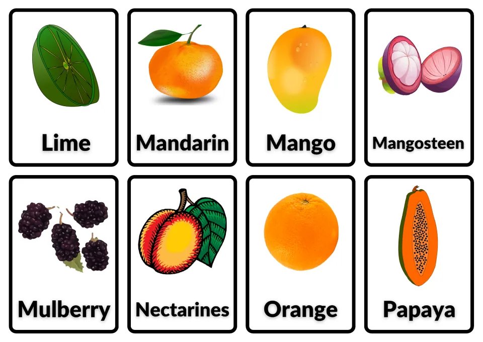 Fruit flashcards 25–32: Lime, Mandarin, Mango, Mangosteen, Mulberry, Nectarines, Orange and Papaya