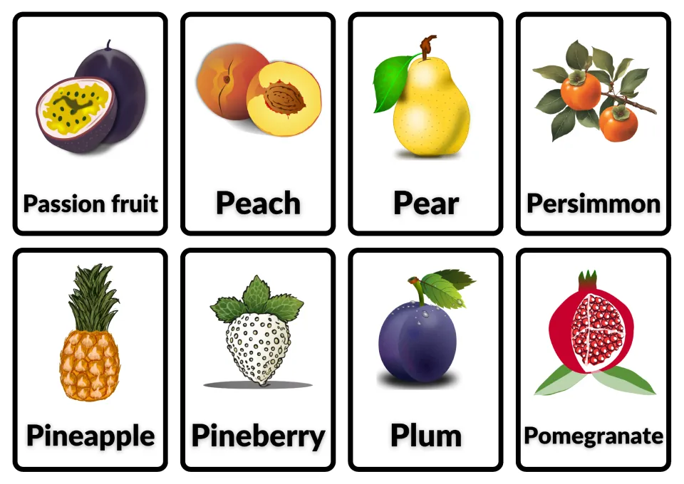 Fruit flashcards 33–40: Passion fruit, Peach, Pear, Persimmon, Pineapple, Pineberry, Plum and Pomegranate