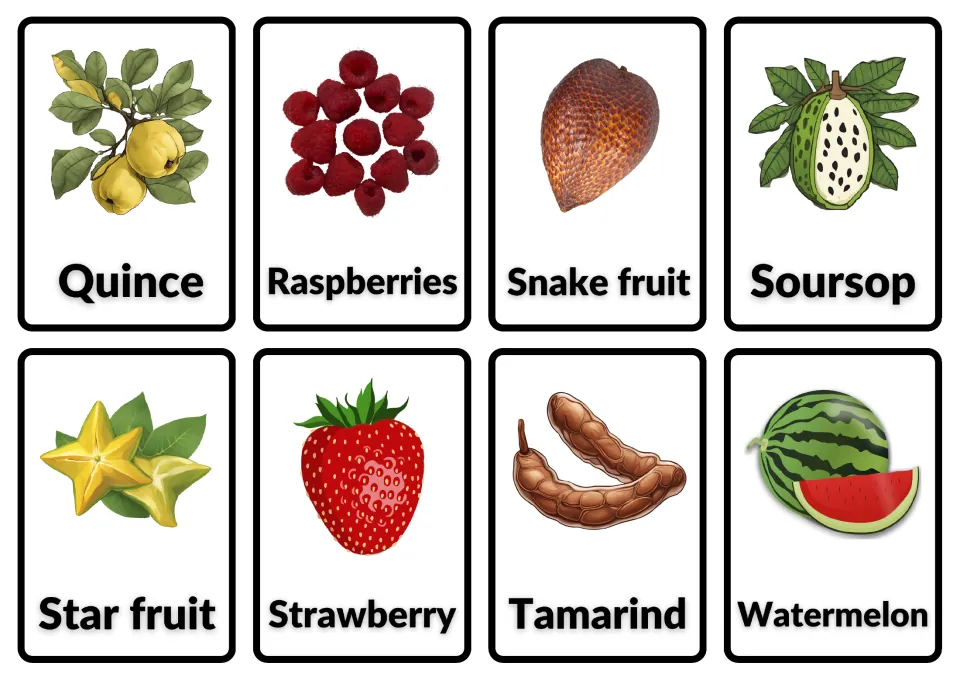 Fruit flashcards 41–48: Quince, Raspberries, Snake fruit, Soursop, Star fruit, Strawberry, Tamarind and Watermelon