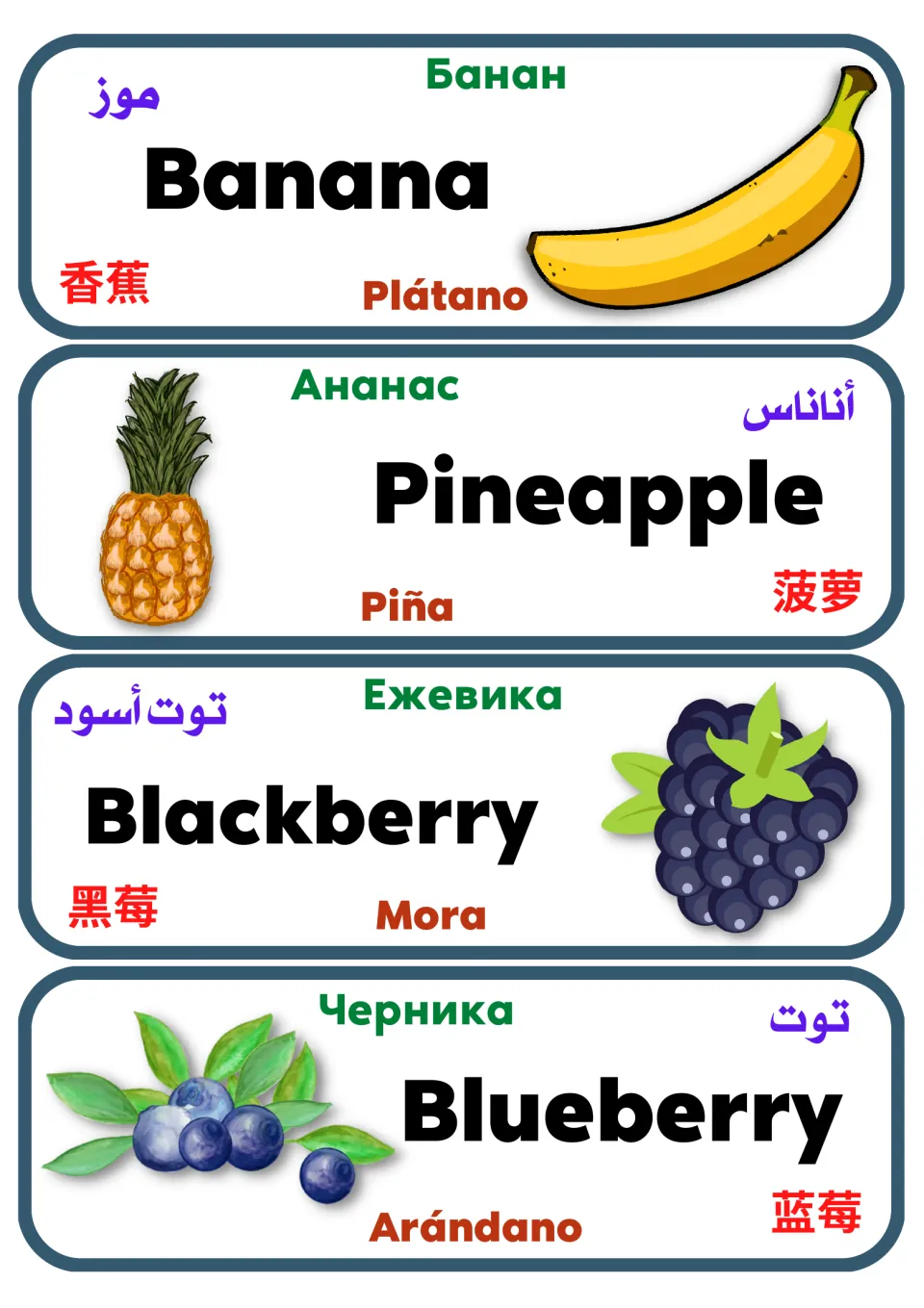 Multilingual fruit vocabulary cards 5–8: banana, pineapple, blackberry, and blueberry, with pictures and translations