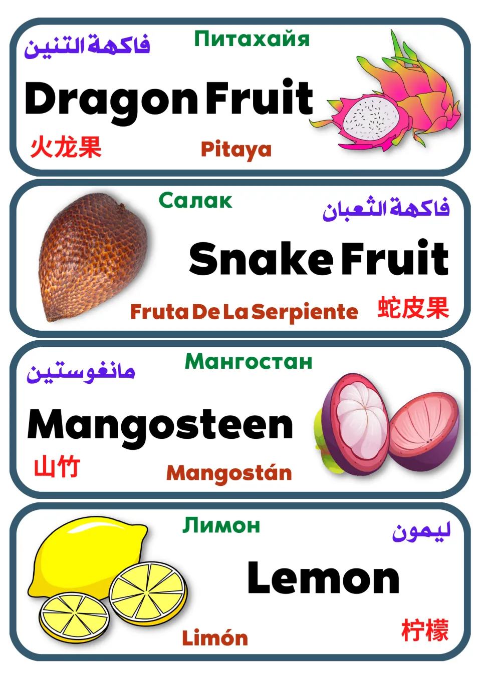 Multilingual fruit vocabulary cards 29–32: dragon fruit, snake fruit, mangosteen, and lemon, pictured and translated