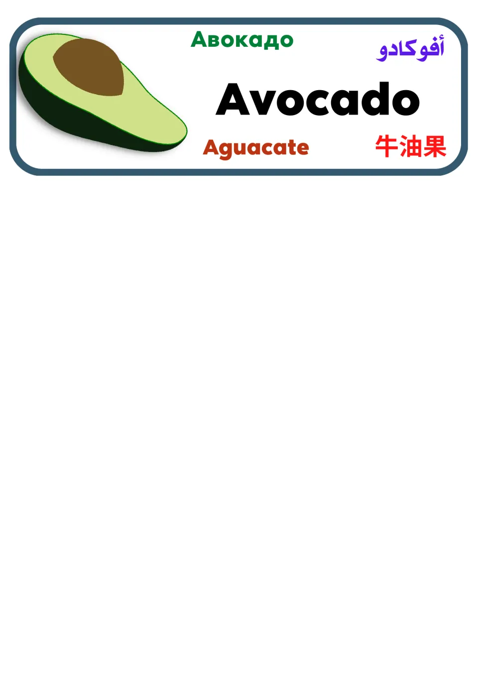 Multilingual fruit vocabulary card 37: avocado pictured and labeled in English, Arabic, Spanish, Russian, and Chinese