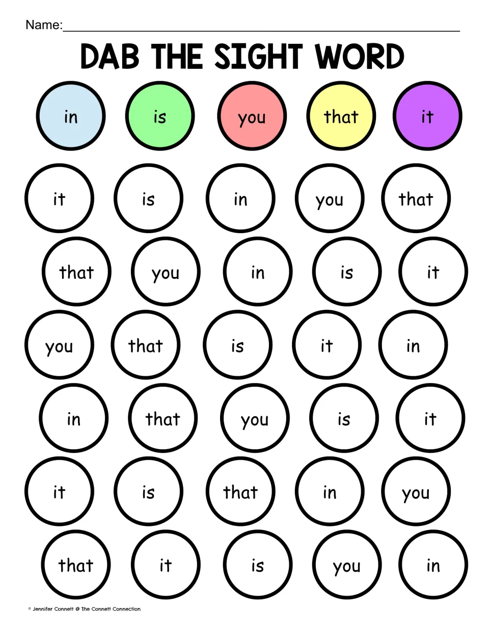 Sight word practice sheet 2: in, is, you, that, and it, with a color key and 30 words to dab, cover, or color.