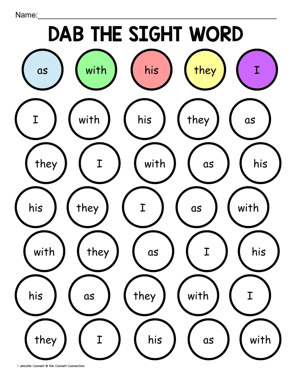 Sight word practice sheet 4: as, with, his, they, and I, with a color key and 30 words to dab, cover, or color.