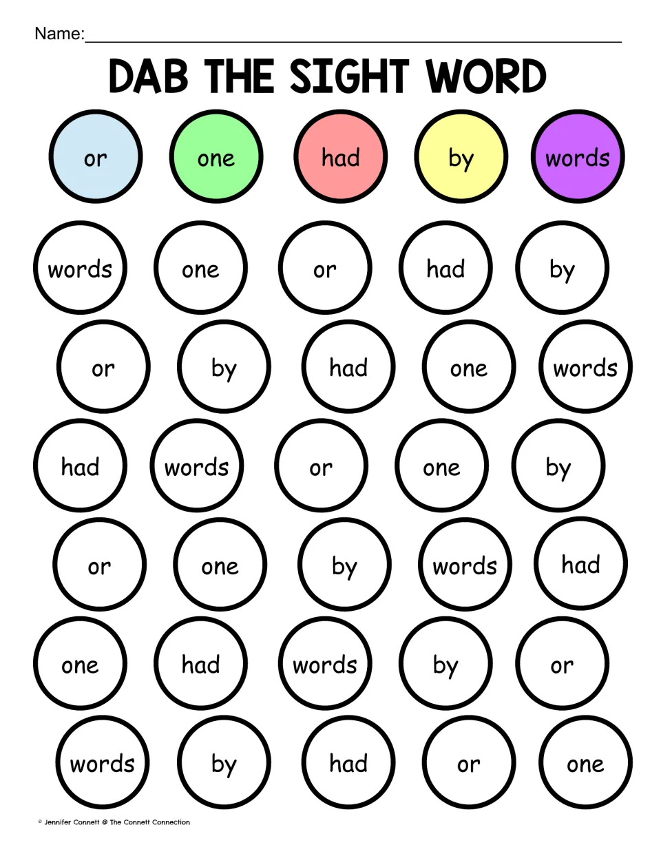 Sight word practice sheet 6: or, one, had, by, and words, with a color key and 30 words to dab, cover, or color.