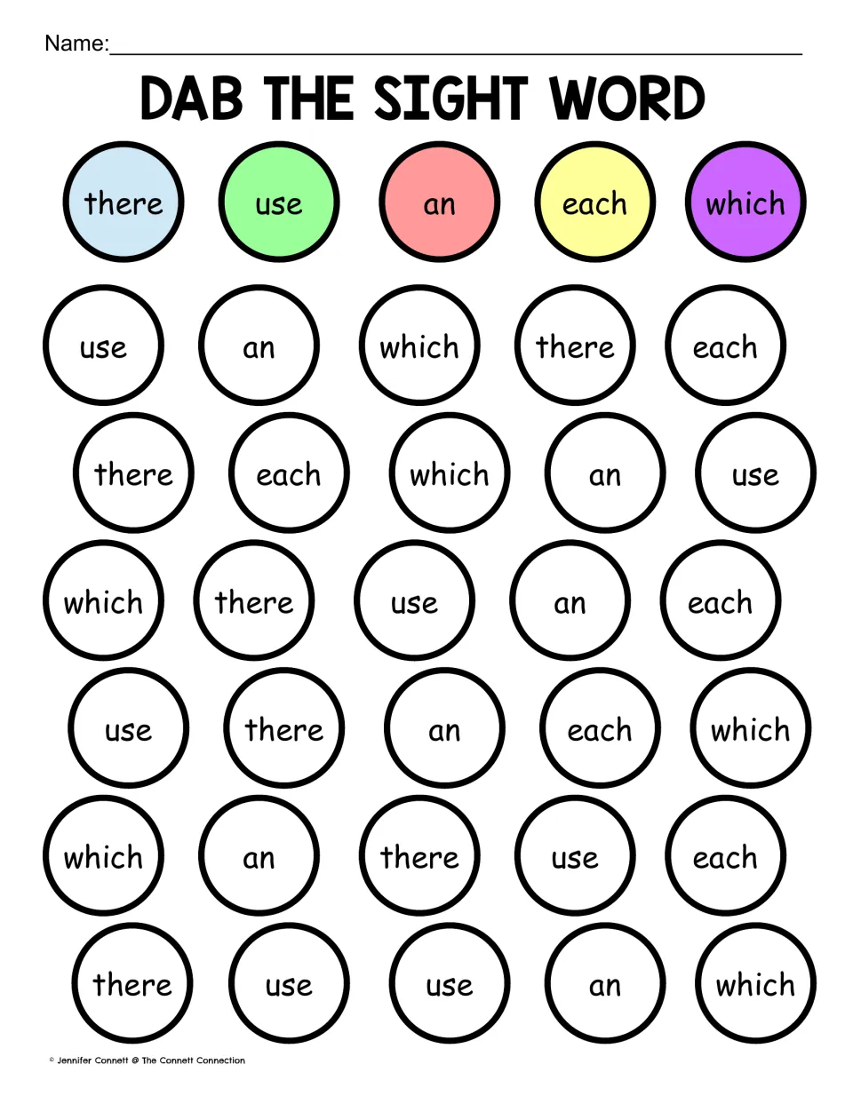 Sight word practice sheet 9: there, use, an, each, and which, with a color key and 30 words to dab, cover, or color.