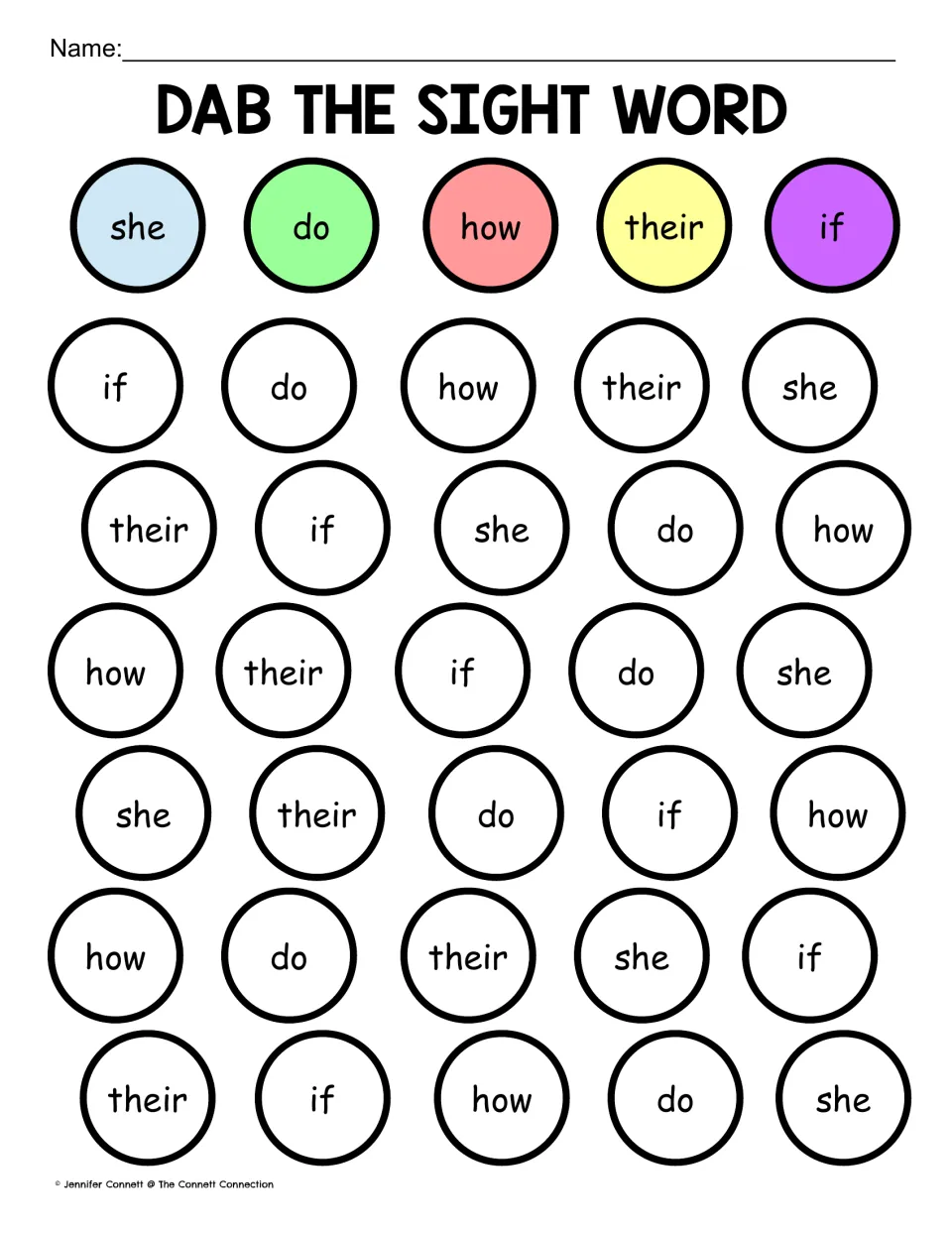 Sight word practice sheet 10: she, do, how, their, and if, with a color key and 30 words to dab, cover, or color.