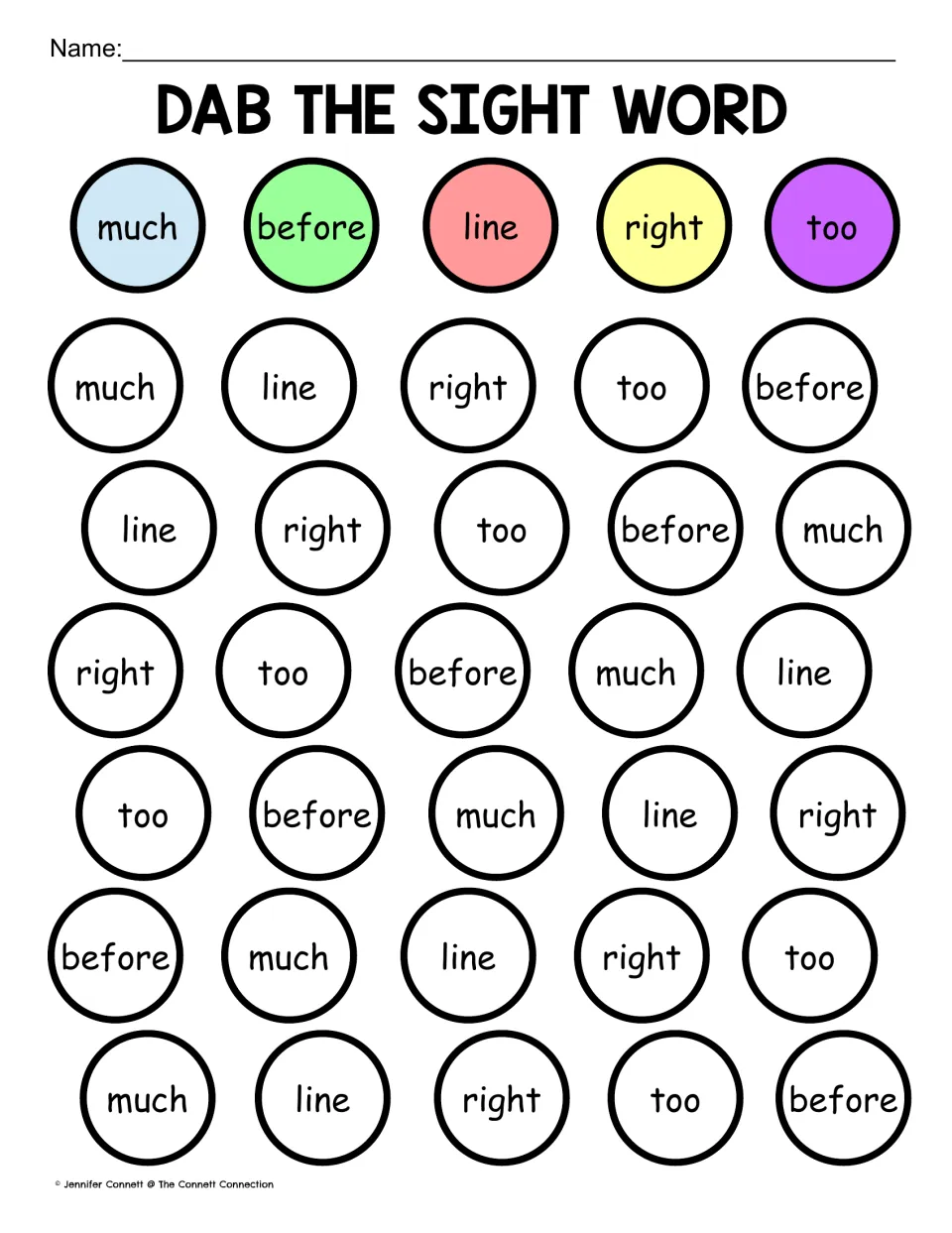 Sight word dab practice: much, before, line, right, too, each repeated six times for color matching.
