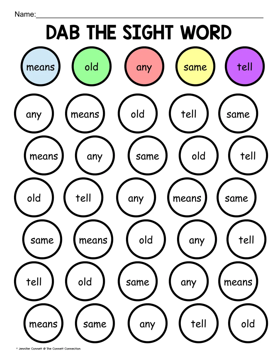 Sight word dab practice: means, old, any, same, tell, each repeated six times for color matching.