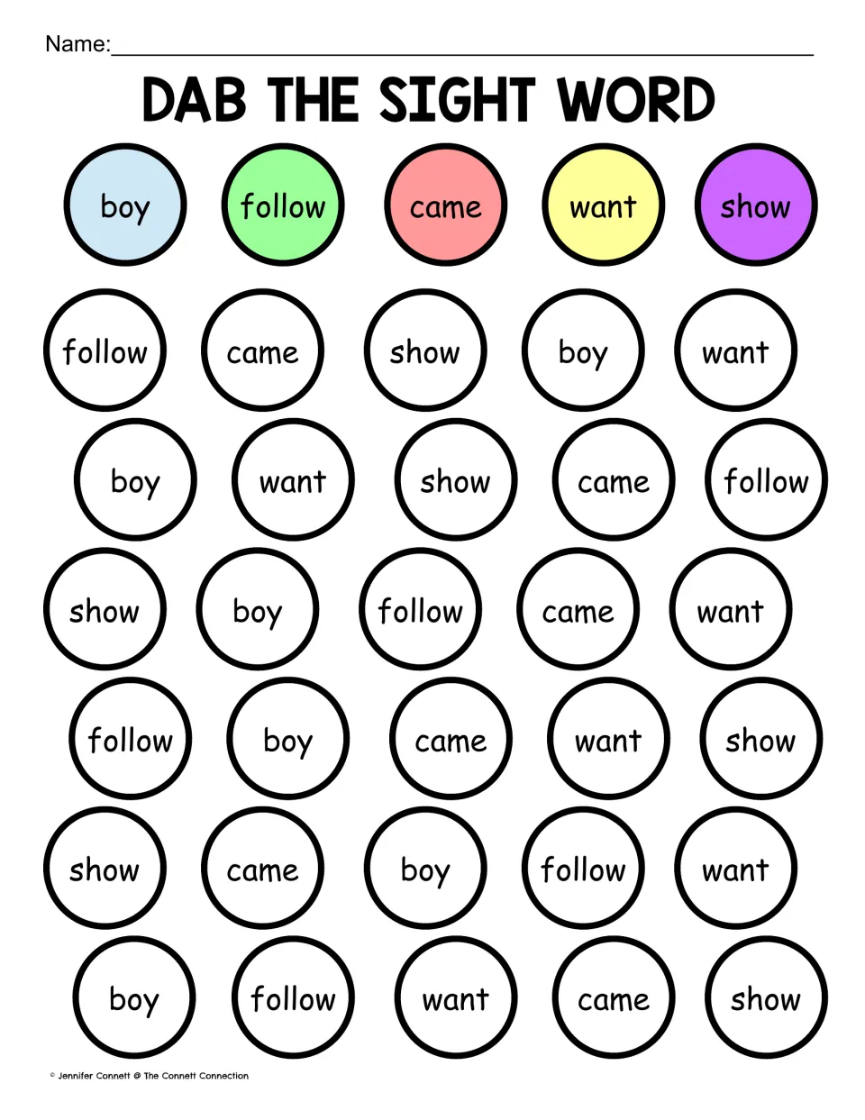 Sight word dab practice: boy, follow, came, want, show, each repeated six times for color matching.