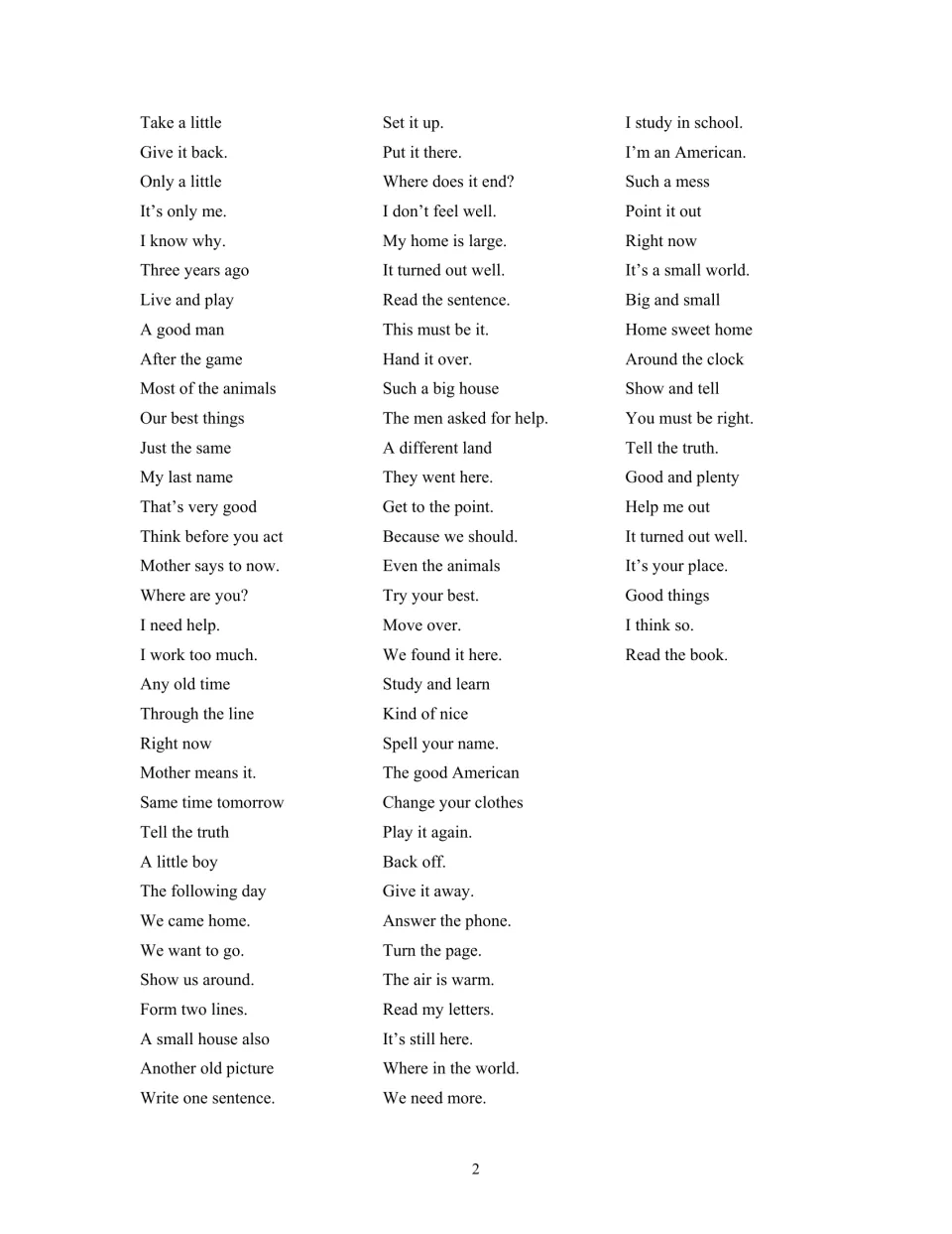Continuation of the second Fry phrase list: “Take a little,” “Set it up,” and “I study in school.”