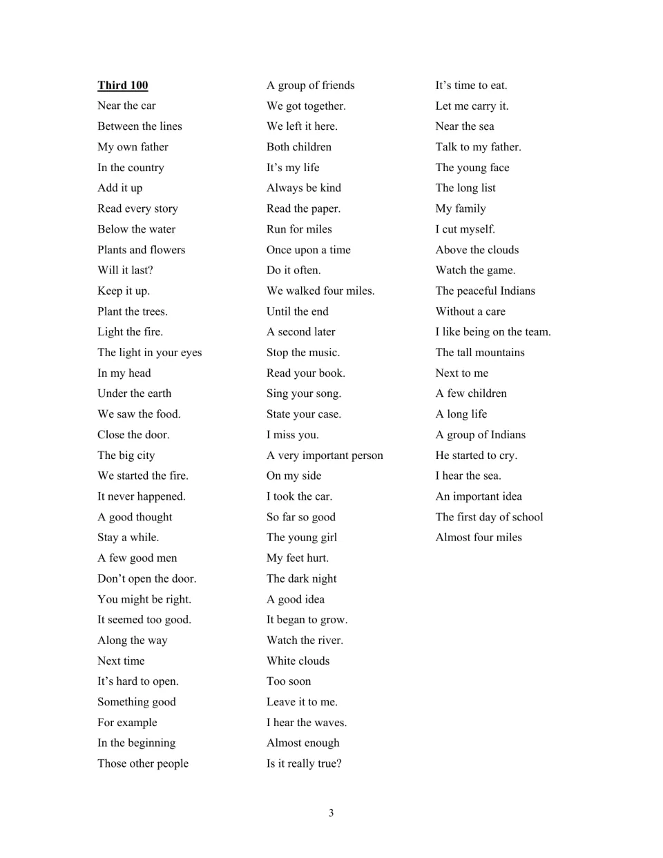 Third Fry phrase list includes “Near the car,” “A group of friends,” and “The first day of school.”