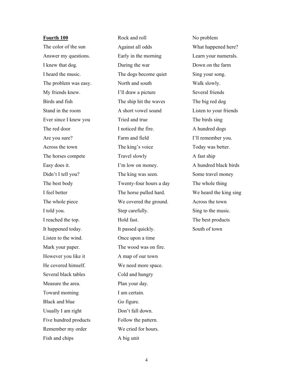 Fourth Fry phrase list includes “The color of the sun,” “A short vowel sound,” and “Learn your numerals.”