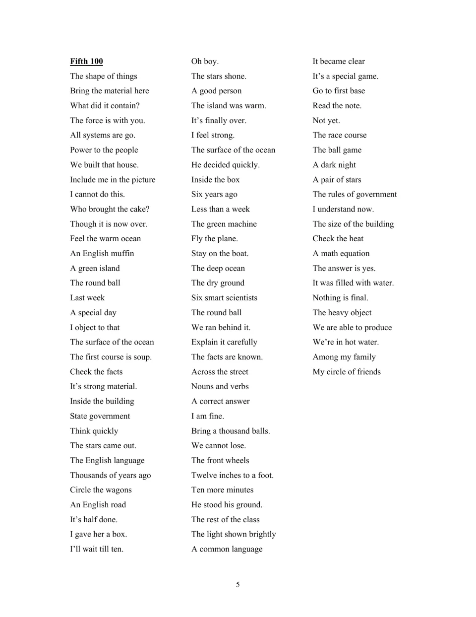 Fifth Fry phrase list includes “The shape of things,” “Nouns and verbs,” and “The rules of government.”