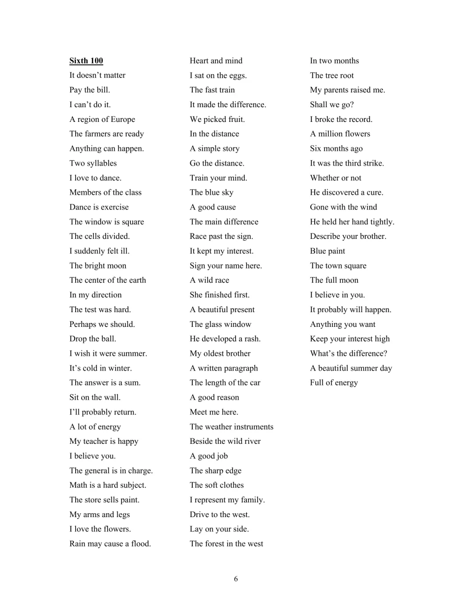 Sixth Fry phrase list includes “Two syllables,” “A written paragraph,” and “A beautiful summer day.”