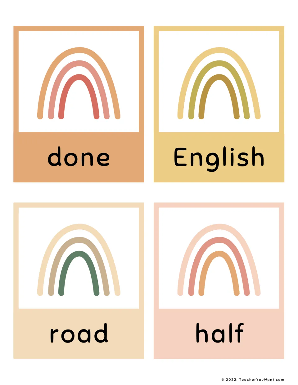 Fry sight word flashcards 1–4 from the fifth 100 for reading practice: done, English, road, and half.