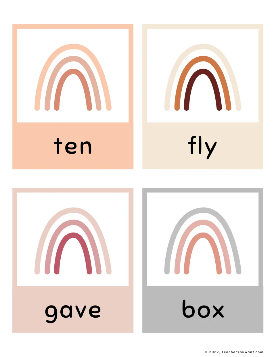 Fry sight word flashcards 5–8 from the fifth 100 for reading practice: ten, fly, gave, and box.