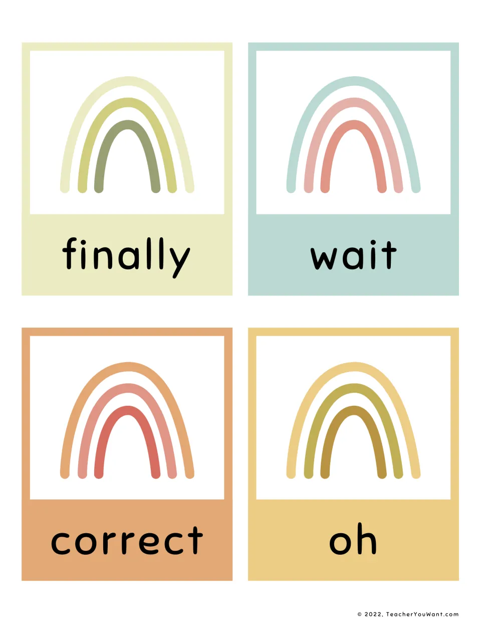 Fry sight word flashcards 9–12 from the fifth 100 for reading practice: finally, wait, correct, and oh.