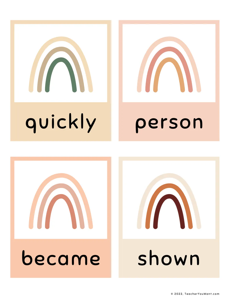 Fry sight word flashcards 13–16 from the fifth 100 for reading practice: quickly, person, became, and shown.