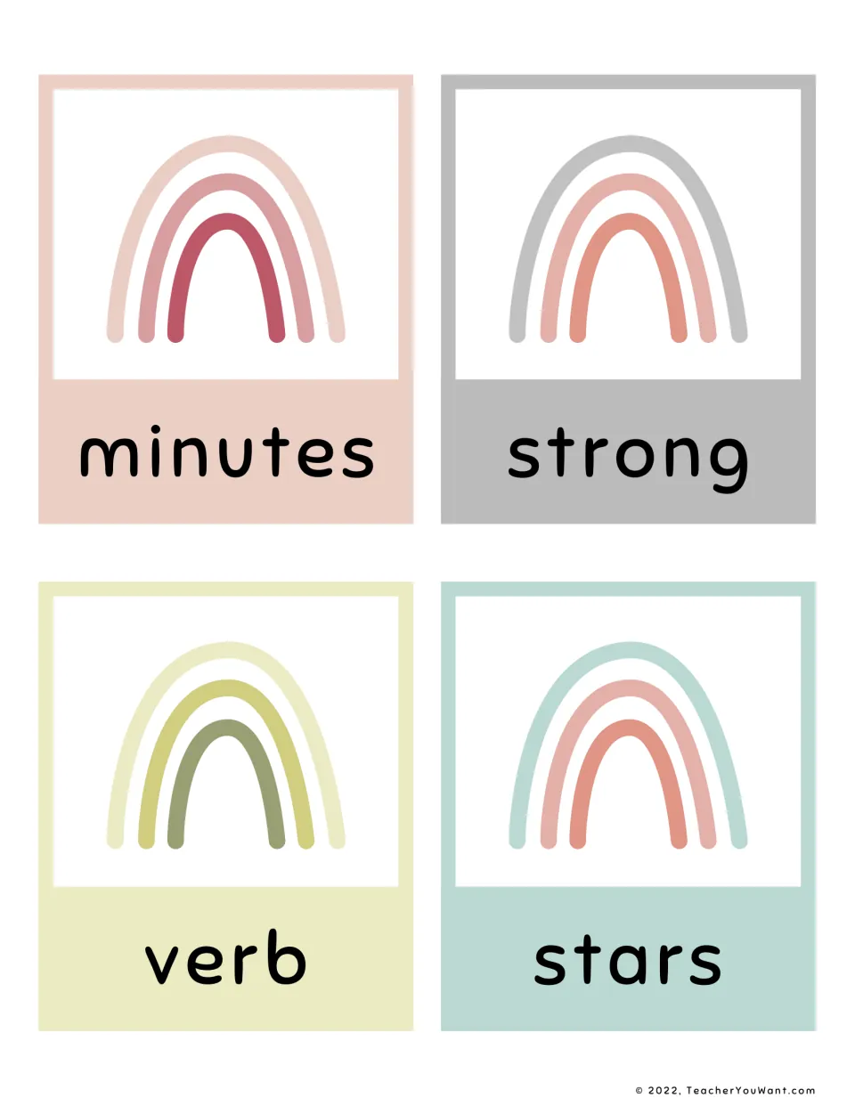 Fry sight word flashcards 17–20 from the fifth 100 for reading practice: minutes, strong, verb, and stars.